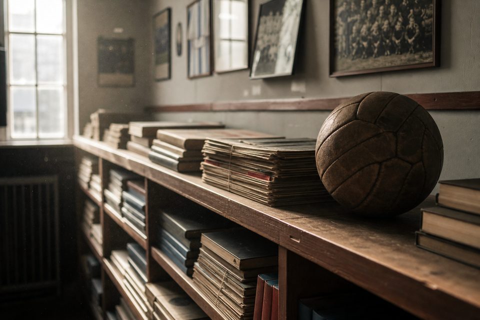 Zdjęcie: długa drewniana półka w klubowym muzeum ze stosami książek i teczek z dawnymi programami meczowymi oraz zniszczoną skórzaną piłką. (obraz wygenerowany przez AI)