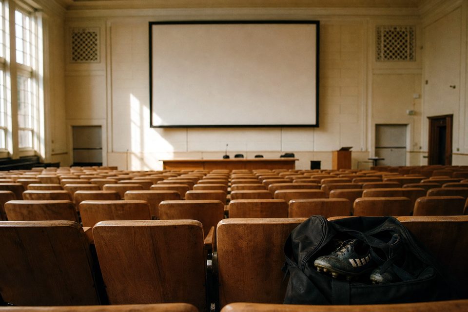 Zdjęcie: pusta aula uniwersytecka widziana od tyłu, z pustym ekranem projektora, na pierwszym planie torba na buty piłkarskie na krześle. (obraz wygenerowany przez AI)