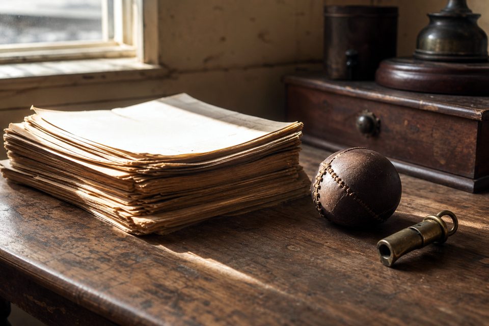 Zdjęcie: stare drewniane biurko ze stosem pożółkłych papierów, dawną skórzaną piłką i mosiężnym gwizdkiem oświetlone światłem z okna. (obraz wygenerowany przez AI)