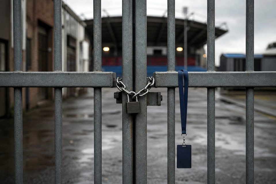 Zdjęcie: zamknięta stalowa brama przy wejściu służbowym stadionu z kłódką i łańcuchem, na pręcie wisi zwykła smycz na identyfikator. (obraz wygenerowany przez AI)