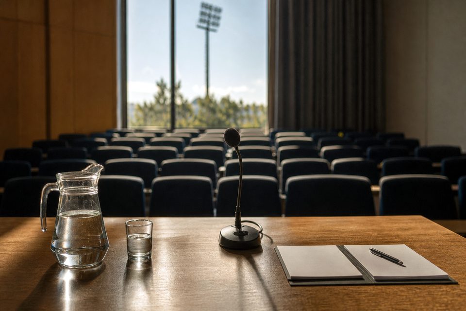 Zdjęcie: stół prelegenta z dzbankiem wody, mikrofonem i pustymi blokami papieru zwrócony ku pustym rzędom, w oknie reflektor stadionowy. (obraz wygenerowany przez AI)