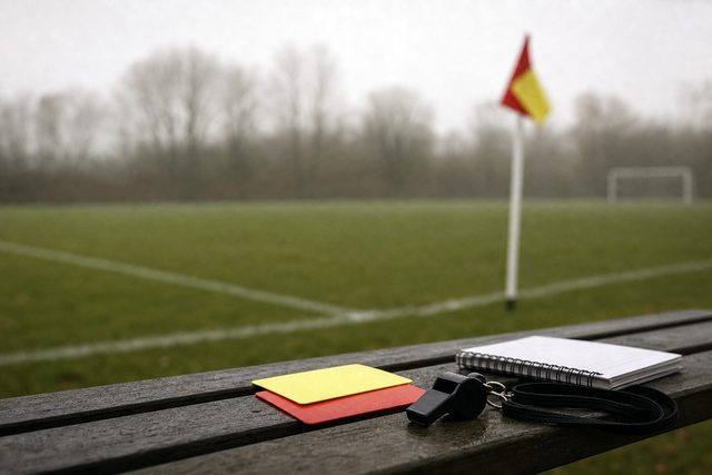Zdjęcie: gwizdek sędziowski, żółta i czerwona kartka bez napisów oraz notes na ławce przy boisku, w tle nieostra chorągiewka narożna. (obraz wygenerowany przez AI)